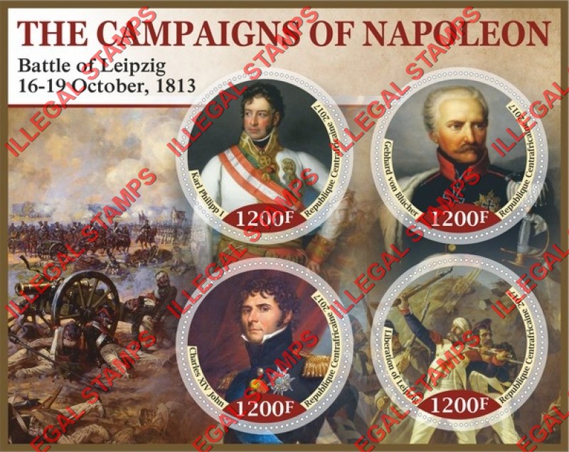 Central African Republic 2017 Napoleon Campaigns Battle of Leipzig Illegal Stamp Souvenir Sheet of 4