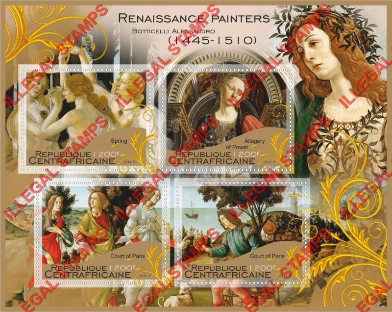 Central African Republic 2017 Paintings by Botticelli Alessandro Illegal Stamp Souvenir Sheet of 4