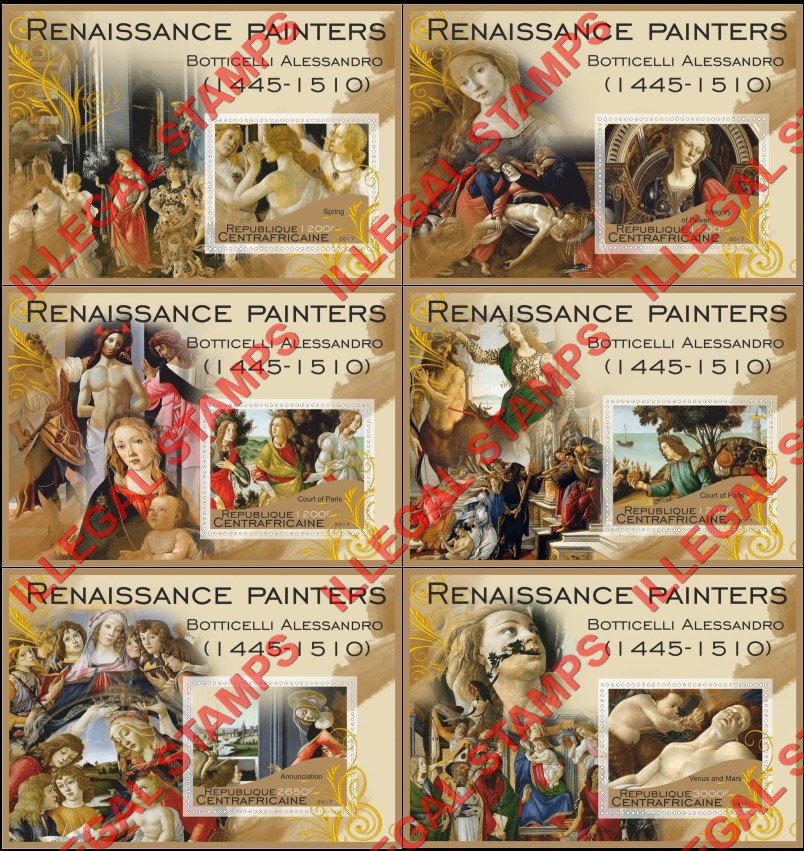 Central African Republic 2017 Paintings by Botticelli Alessandro Illegal Stamp Souvenir Sheets of 1