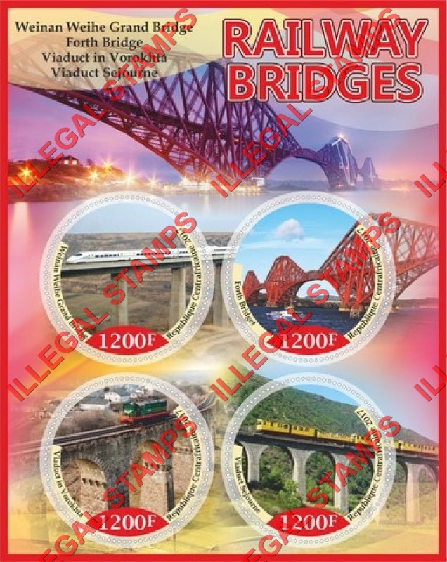 Central African Republic 2017 Railway Bridges (different) Illegal Stamp Souvenir Sheet of 4