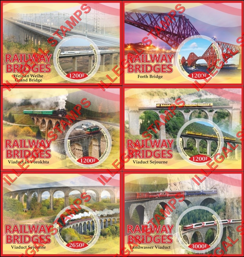 Central African Republic 2017 Railway Bridges (different) Illegal Stamp Souvenir Sheets of 1