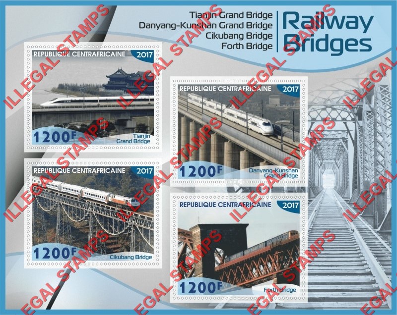 Central African Republic 2017 Railway Bridges Illegal Stamp Souvenir Sheet of 4