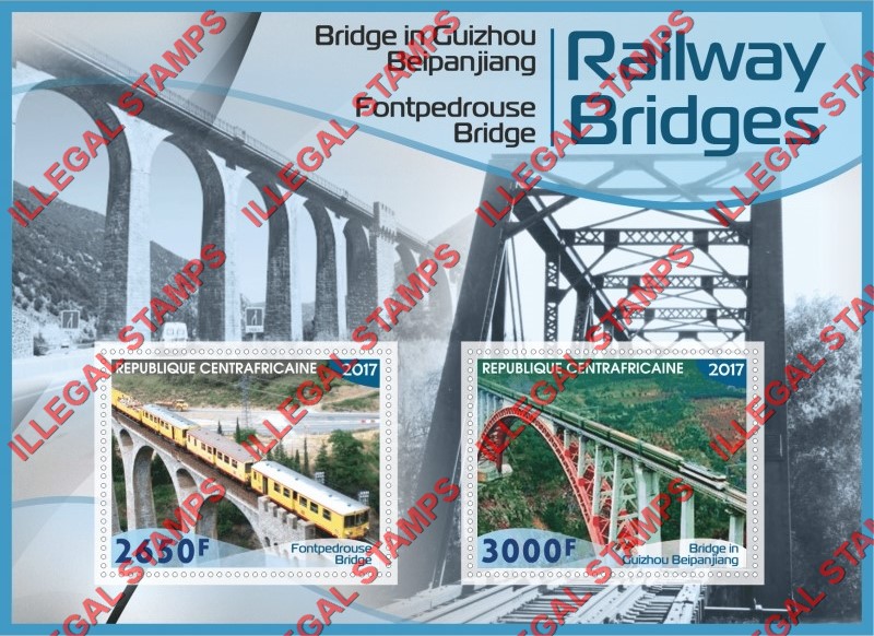 Central African Republic 2017 Railway Bridges Illegal Stamp Souvenir Sheet of 2