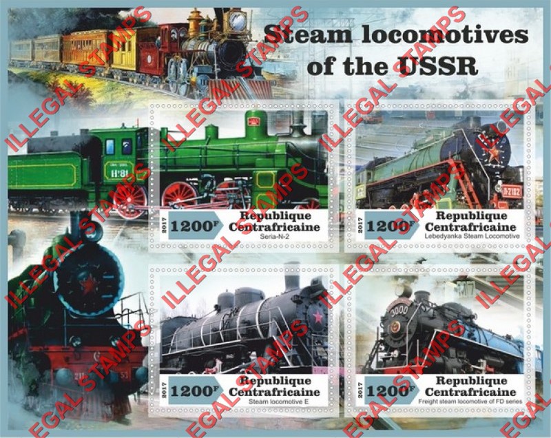 Central African Republic 2017 Steam Locomotives of the USSR Illegal Stamp Souvenir Sheet of 4