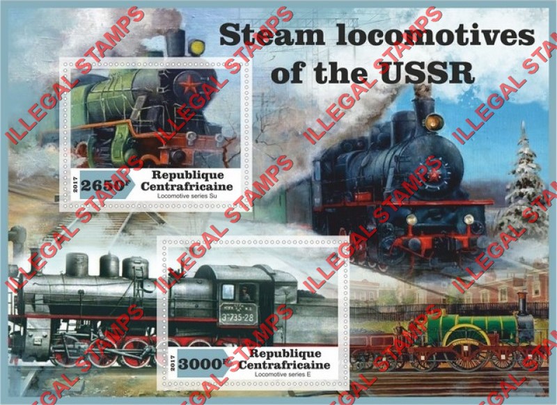 Central African Republic 2017 Steam Locomotives of the USSR Illegal Stamp Souvenir Sheet of 2