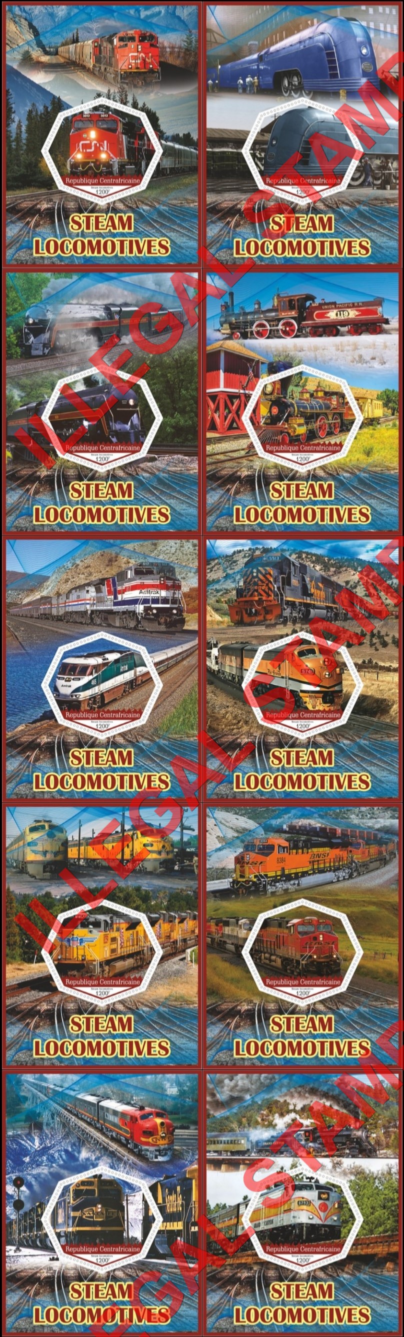 Central African Republic 2017 Steam Locomotives Illegal Stamp Souvenir Sheets of 1