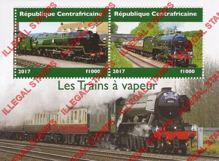 Central African Republic 2017 Steam Locomotives Trains Illegal Stamp Souvenir Sheet of 2 (Sheet 1)