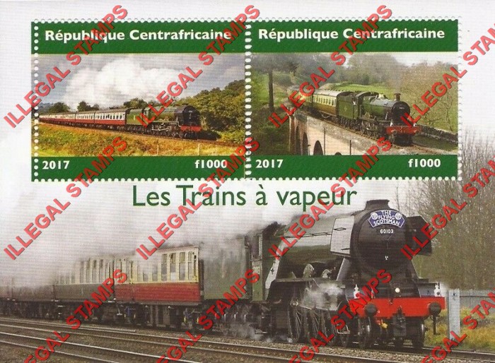 Central African Republic 2017 Steam Locomotives Trains Illegal Stamp Souvenir Sheet of 2 (Sheet 2)