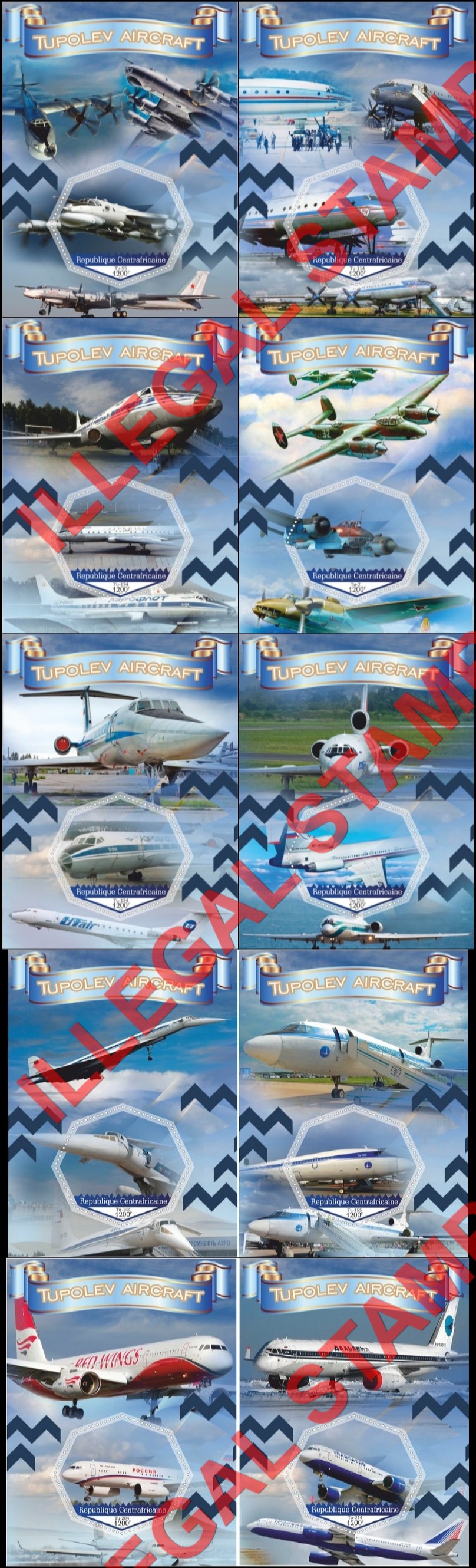 Central African Republic 2017 Tupolev Aircraft (different) Illegal Stamp Souvenir Sheets of 1