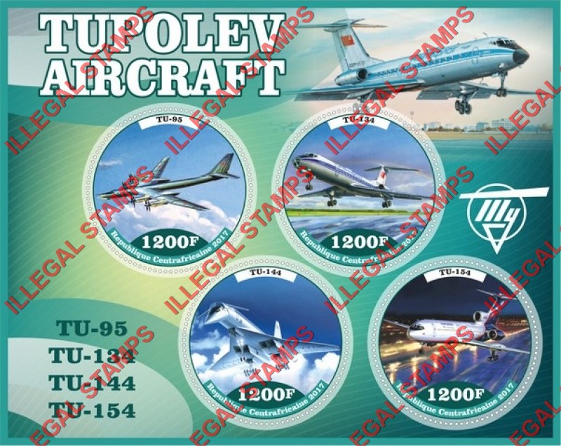 Central African Republic 2017 Tupolev Aircraft Illegal Stamp Souvenir Sheet of 4