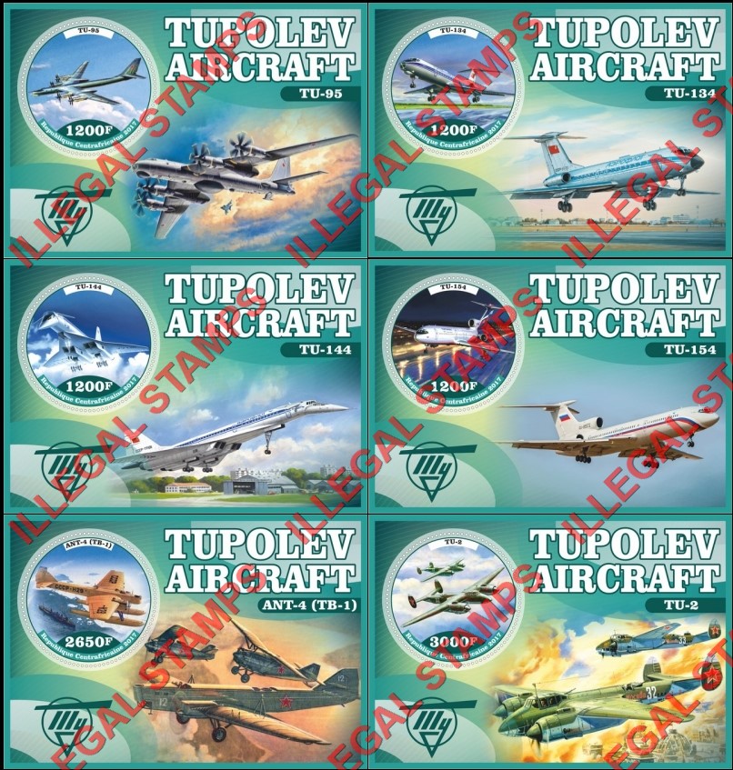 Central African Republic 2017 Tupolev Aircraft Illegal Stamp Souvenir Sheets of 1