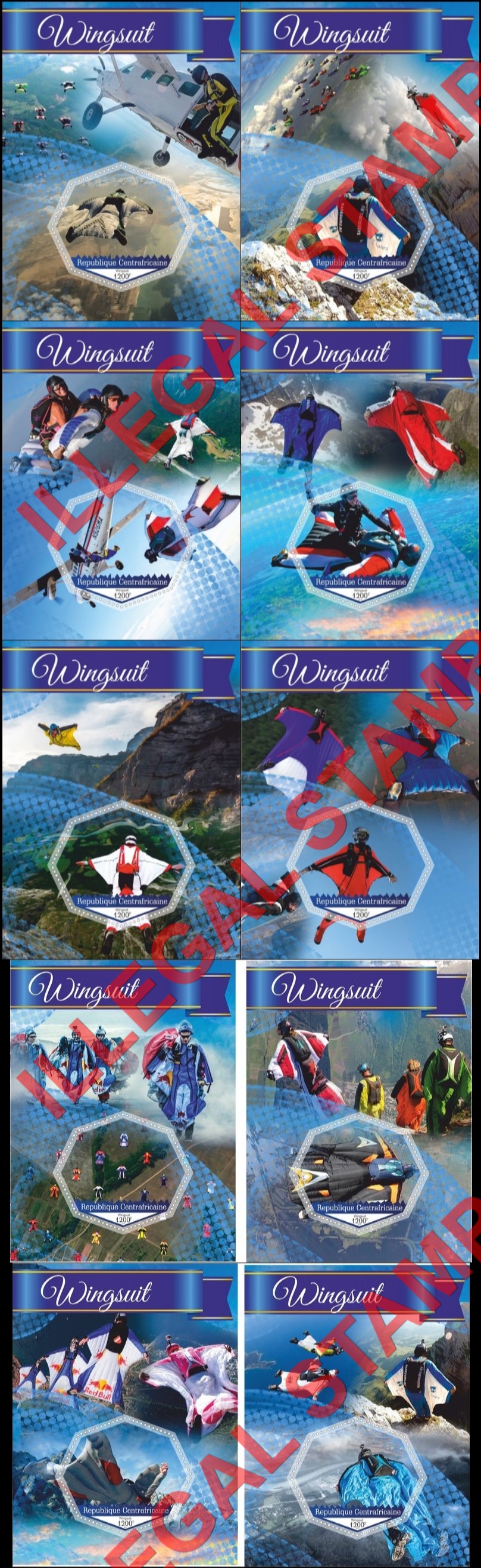Central African Republic 2017 Wingsuits Skydiving Illegal Stamp Souvenir Sheets of 1