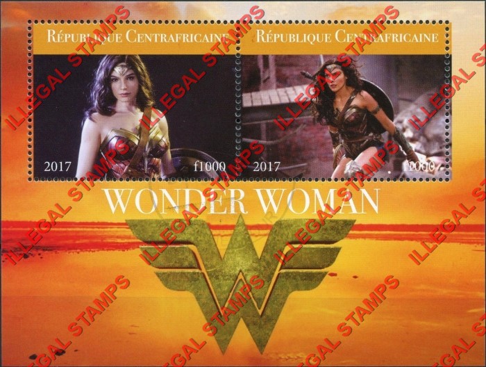 Central African Republic 2017 Wonder Woman Illegal Stamp Souvenir Sheet of 2
