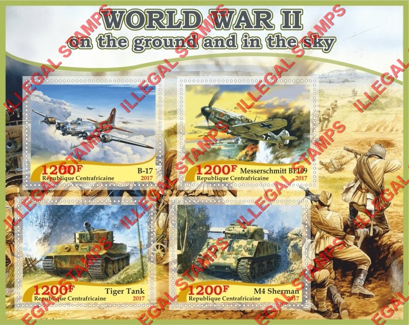Central African Republic 2017 World War II Tanks and Aircraft Illegal Stamp Souvenir Sheet of 4