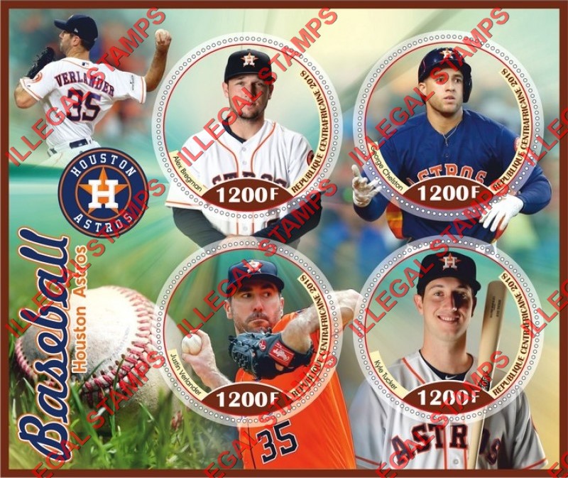 Central African Republic 2018 Baseball Players Houston Astros Illegal Stamp Souvenir Sheet of 4