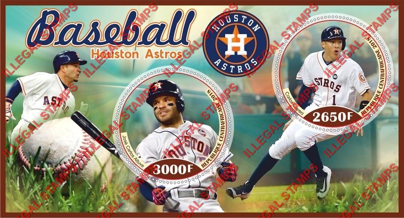 Central African Republic 2018 Baseball Players Houston Astros Illegal Stamp Souvenir Sheet of 2