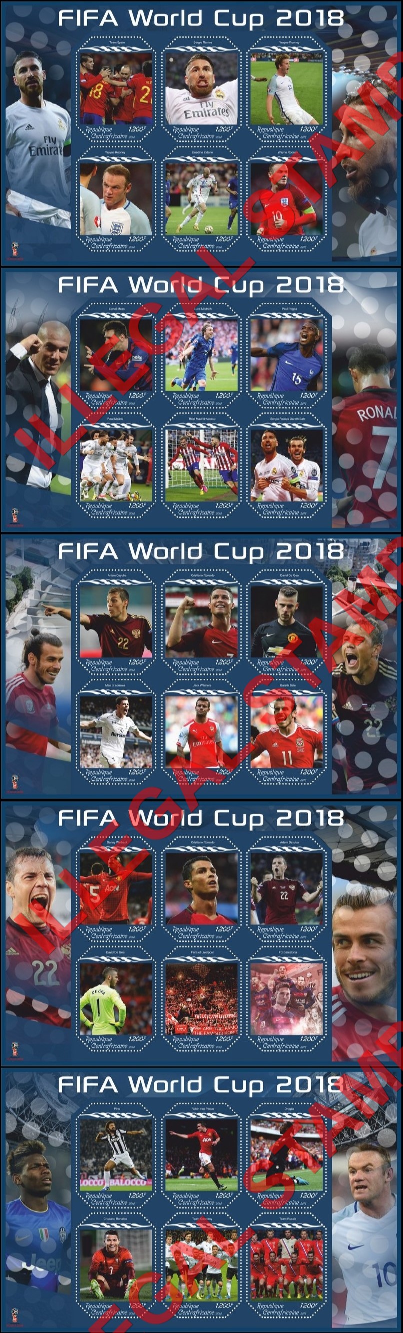 Central African Republic 2018 FIFA World Cup Soccer in Russia (different) Illegal Stamp Souvenir Sheets of 6