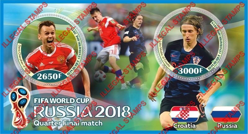 Central African Republic 2018 FIFA World Cup Soccer in Russia Quarter Final Match Illegal Stamp Souvenir Sheet of 2