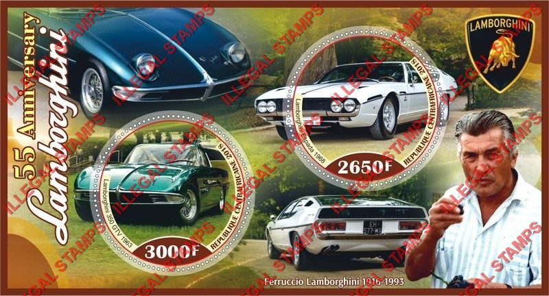 Central African Republic 2018 Lamborghini Illegal Stamp Souvenir Sheet of 2