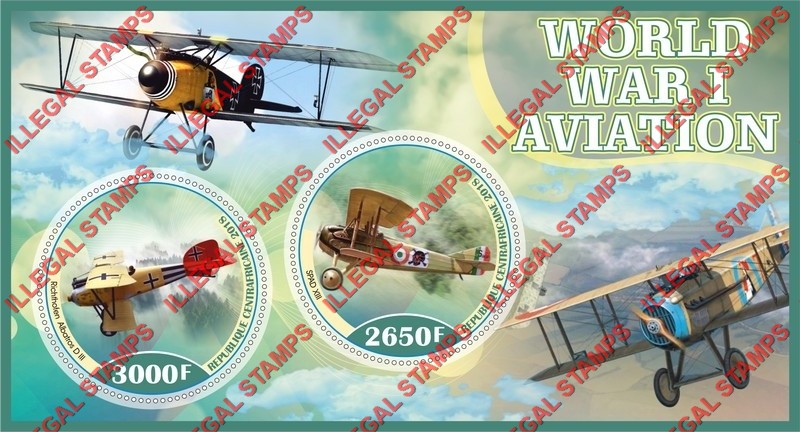Central African Republic 2018 World War I Aviation Illegal Stamp Souvenir Sheet of 2