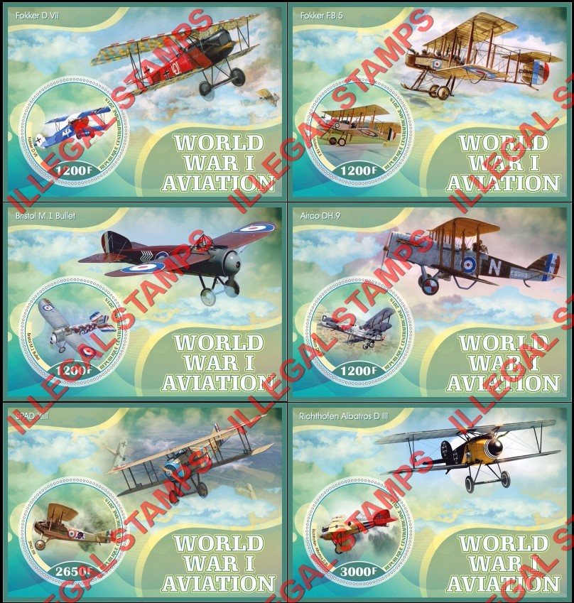 Central African Republic 2018 World War I Aviation Illegal Stamp Souvenir Sheets of 1