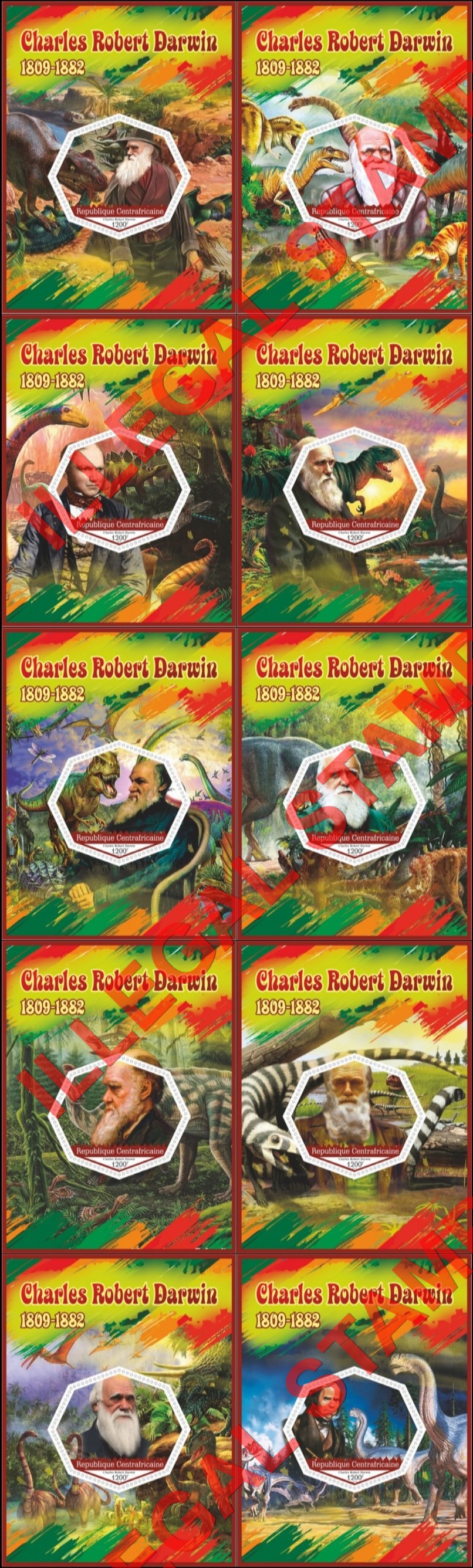 Central African Republic 2019 Charles Darwin and Dinosaurs Illegal Stamp Souvenir Sheets of 1