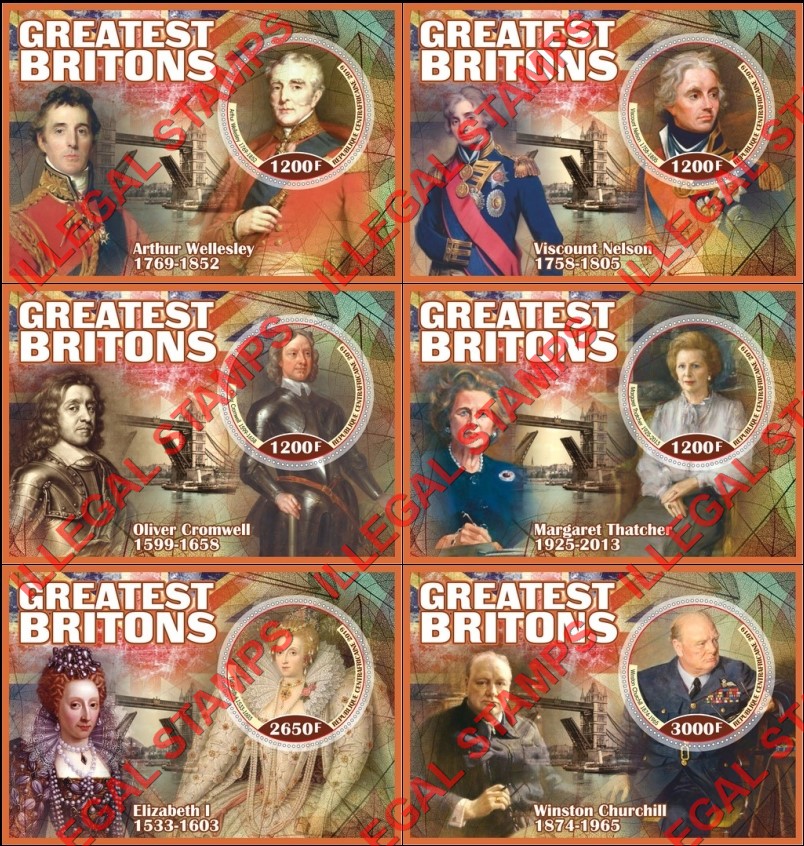 Central African Republic 2019 Greatest Britons Illegal Stamp Souvenir Sheets of 1