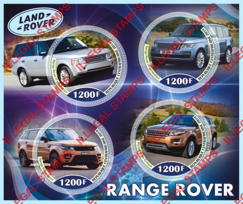 Central African Republic 2019 Land Rover Range Rover Illegal Stamp Souvenir Sheet of 4