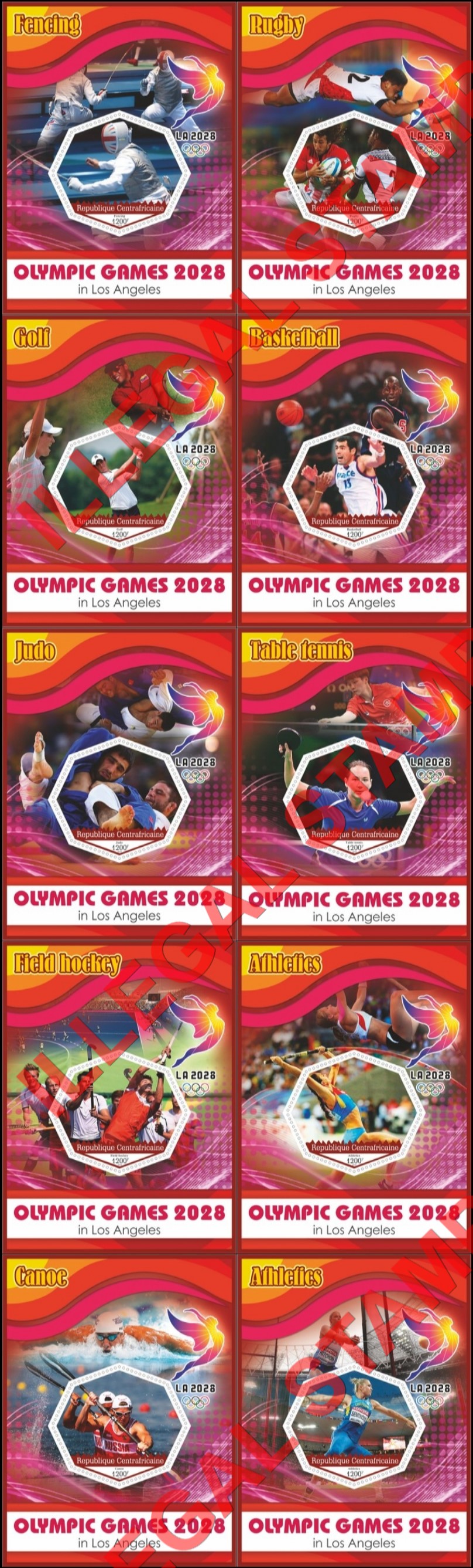 Central African Republic 2019 Olympic Games in Los Angeles in 2028 Illegal Stamp Souvenir Sheets of 1