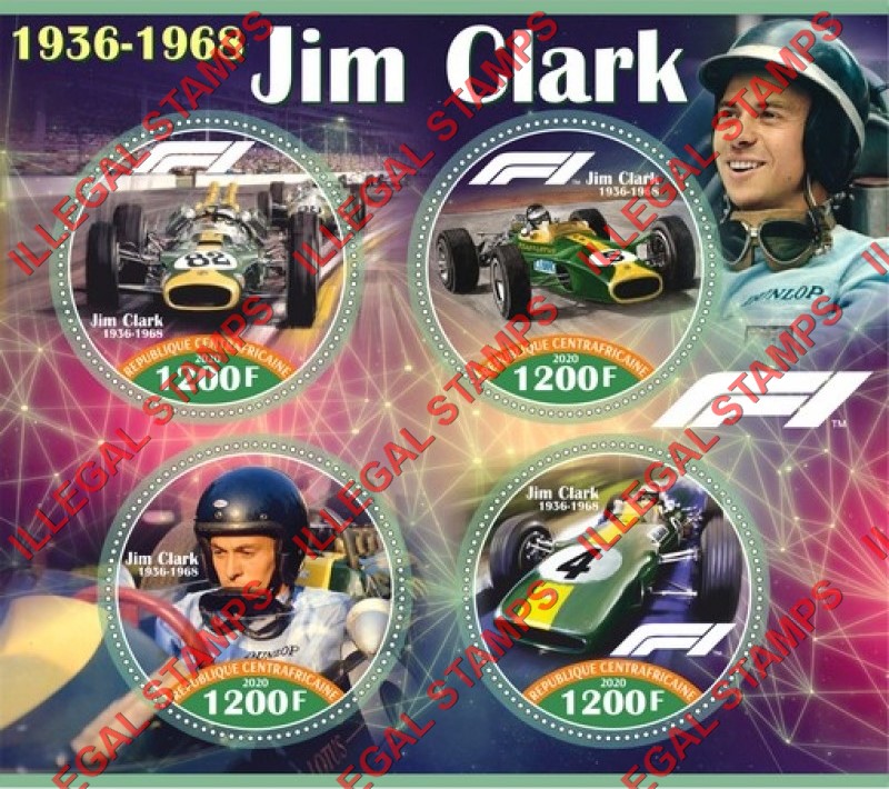 Central African Republic 2020 Formula I Jim Clark Illegal Stamp Souvenir Sheet of 4