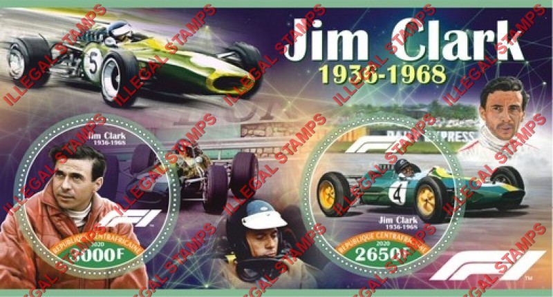 Central African Republic 2020 Formula I Jim Clark Illegal Stamp Souvenir Sheet of 2