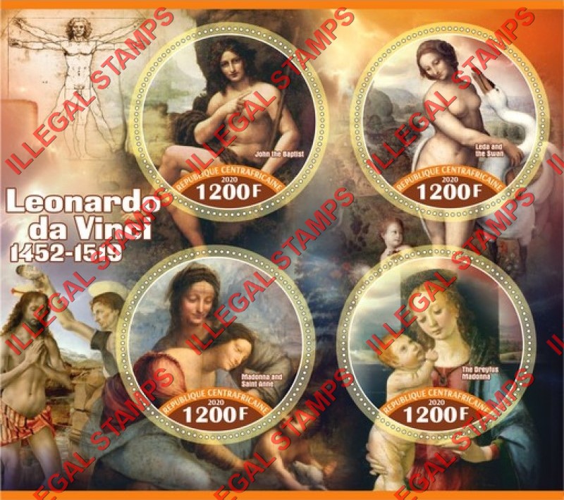Central African Republic 2020 Leonardo da Vinci Paintings Illegal Stamp Souvenir Sheet of 4