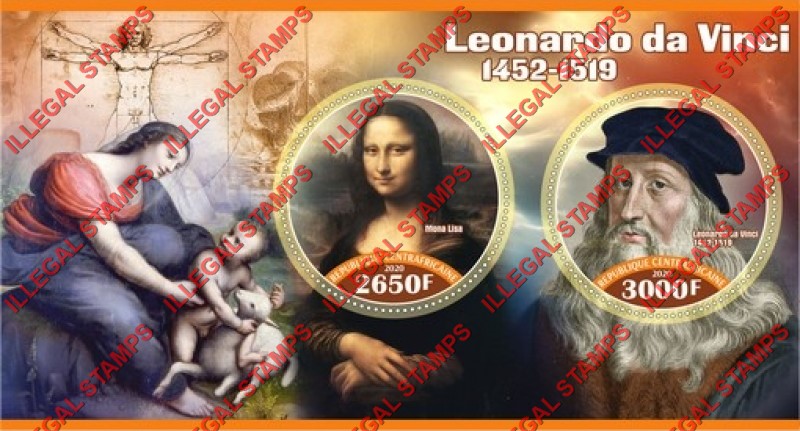 Central African Republic 2020 Leonardo da Vinci Paintings Illegal Stamp Souvenir Sheet of 2