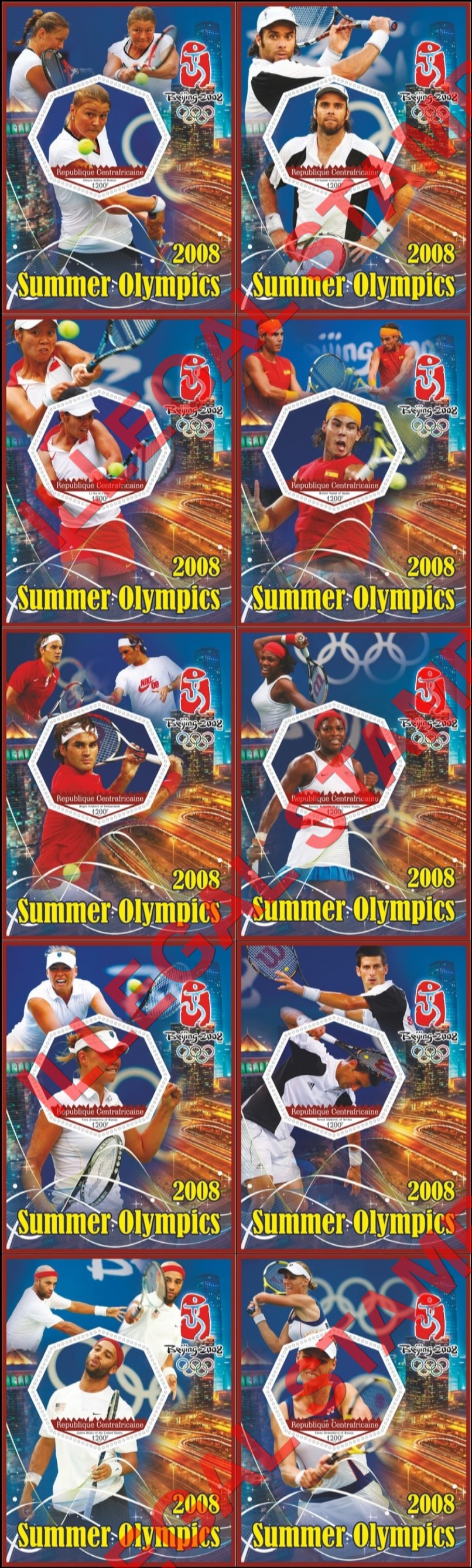 Central African Republic 2020 Olympic Games in Beijing in 2008 Tennis Illegal Stamp Souvenir Sheets of 1