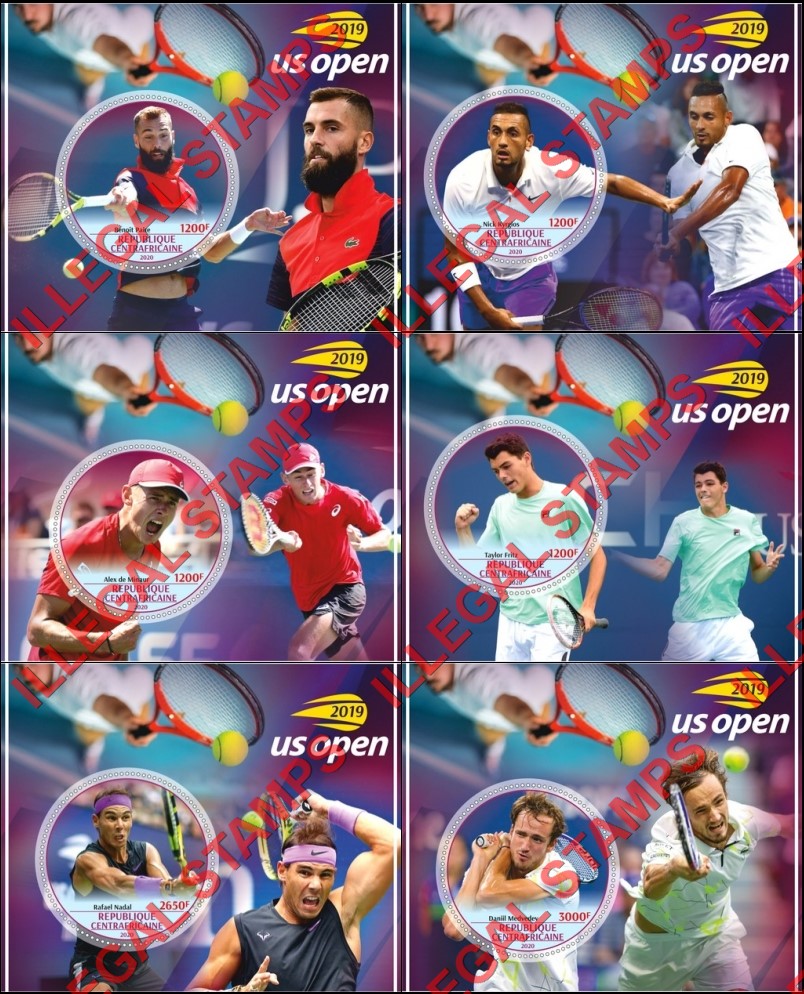 Central African Republic 2020 Tennis Players in the 2019 U.S. Open Illegal Stamp Souvenir Sheets of 1