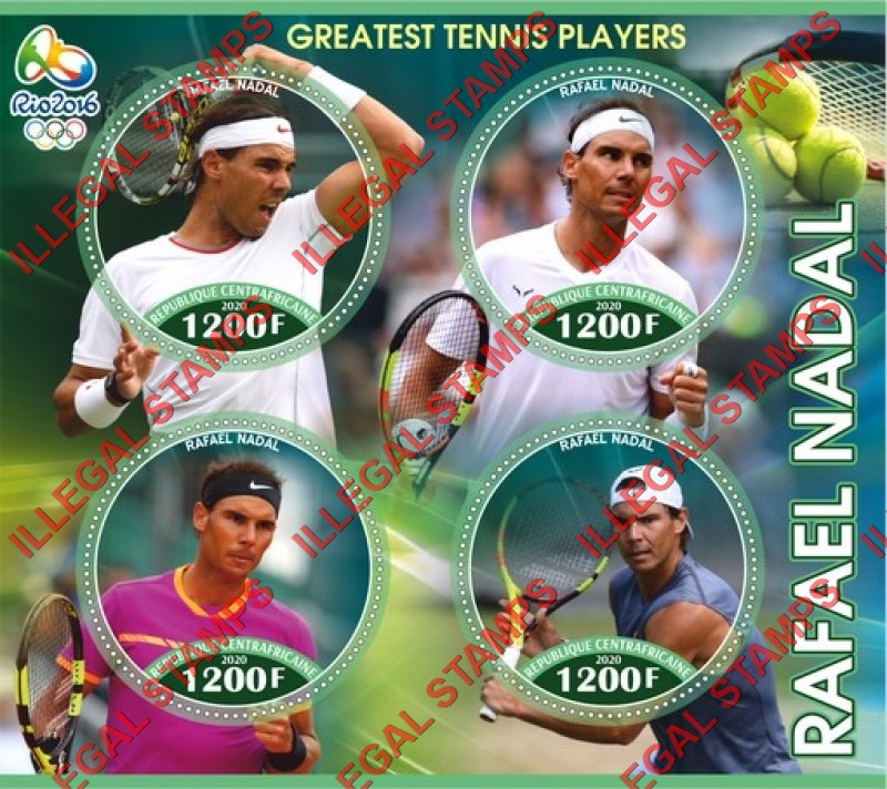 Central African Republic 2020 Tennis Rafael Nadal Illegal Stamp Souvenir Sheet of 4
