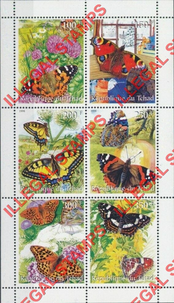 Chad 1998 Butterflies Illegal Stamps in Block of 6