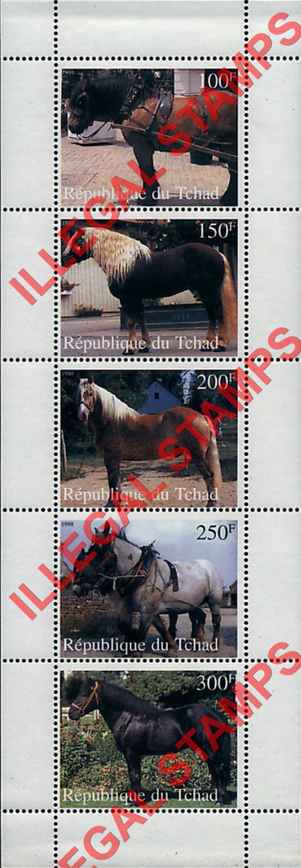 Chad 1998 Horses Illegal Stamps in Strip of 5