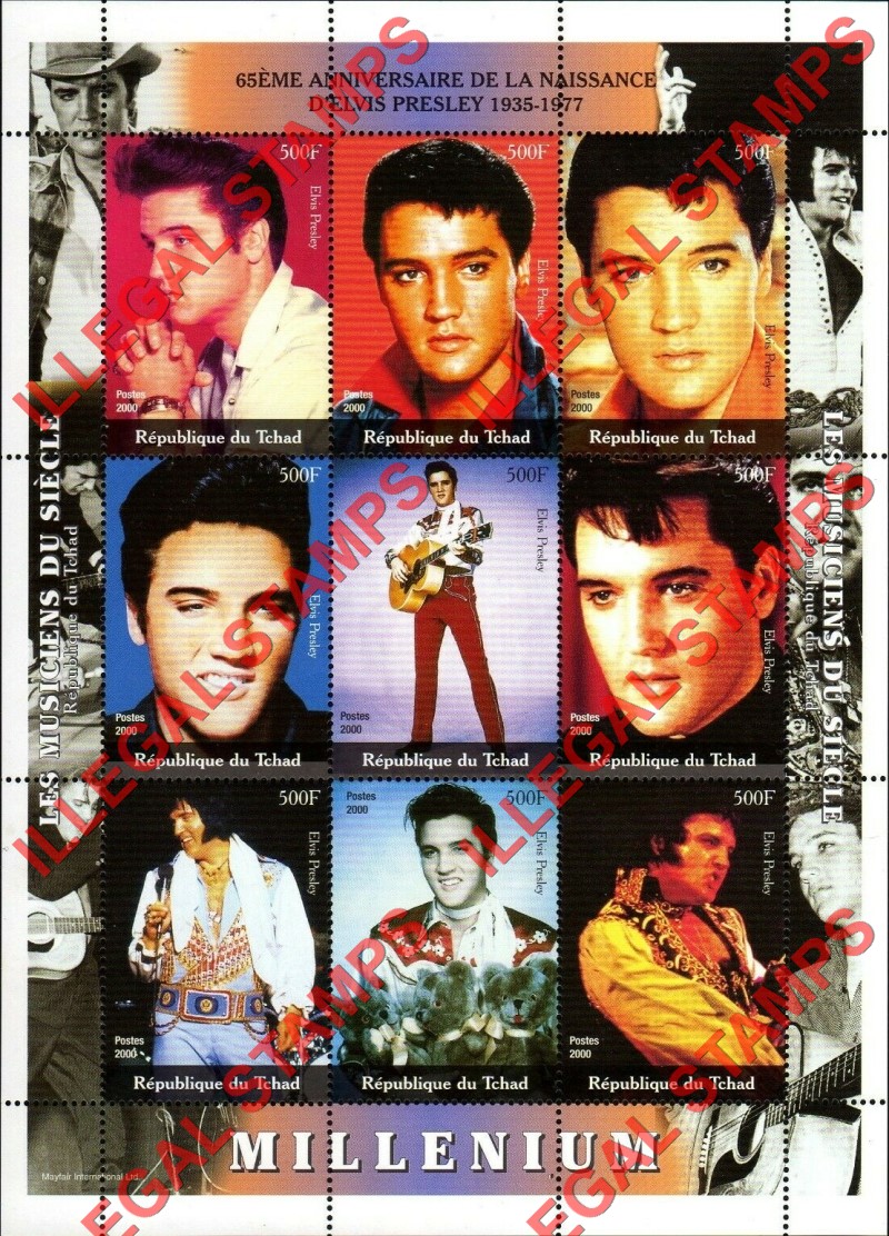 Chad 2000 Elvis Presley Millenium Illegal Stamps in Sheet of 9