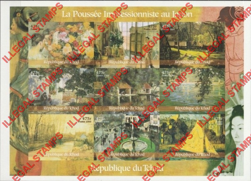 Chad 2000 Impressionist Art in Japan Illegal Stamps in Sheet of 9