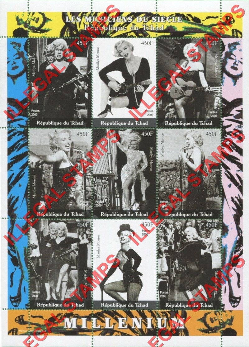 Chad 2000 Marilyn Monroe Millenium Illegal Stamps in Sheet of 9