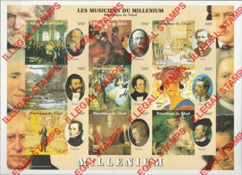 Chad 2000 The Millenium Musicians Illegal Stamps in Sheet of 9