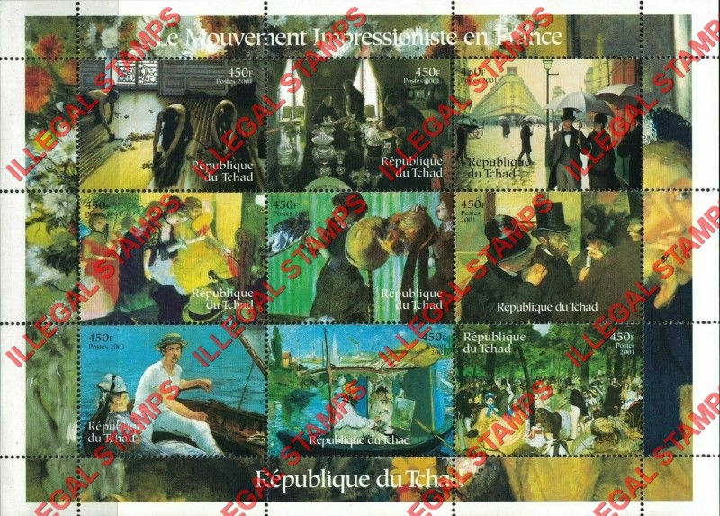 Chad 2001 Impressionist Art in France Illegal Stamps in Sheet of 9