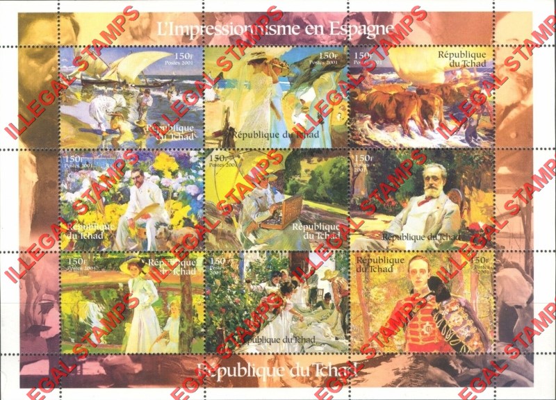Chad 2001 Impressionist Art in Spain Illegal Stamps in Sheet of 9