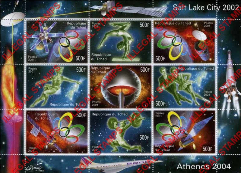 Chad 2001 Olympic Games in Salt Lake City 2002 and Space Sattelites Illegal Stamps in Sheet of 9