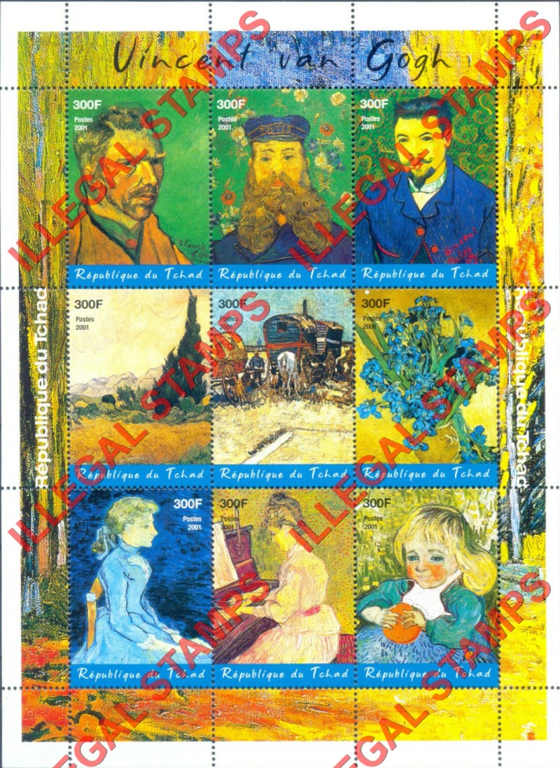Chad 2001 Paintings by Vincent van Gogh Illegal Stamps in Sheet of 9