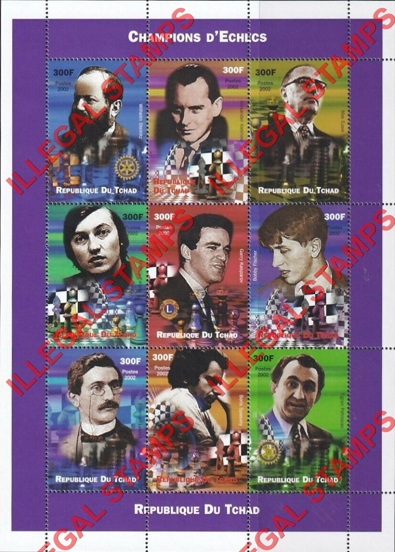 Chad 2002 Champions of Chess Illegal Stamps in Sheet of 9