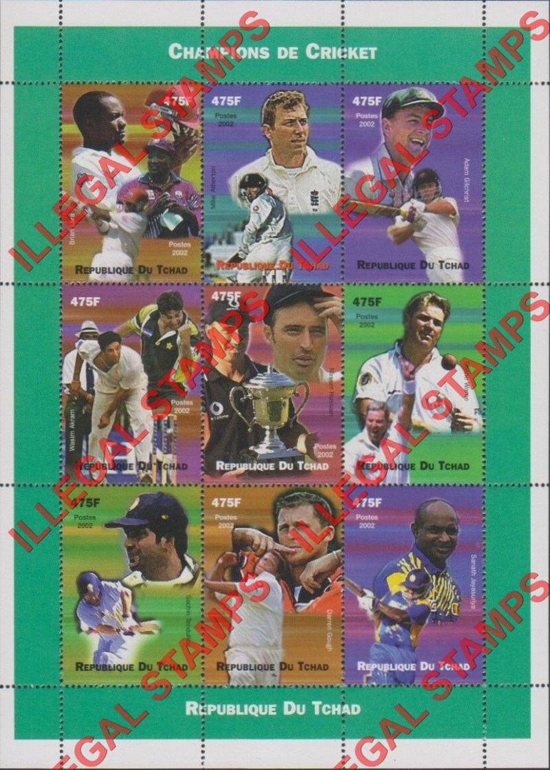Chad 2002 Champions of Cricket Illegal Stamps in Sheet of 9
