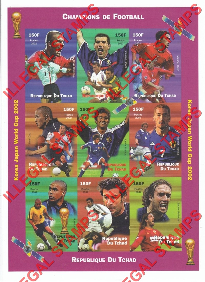 Chad 2002 Champions of Football Soccer Illegal Stamps in Sheet of 9