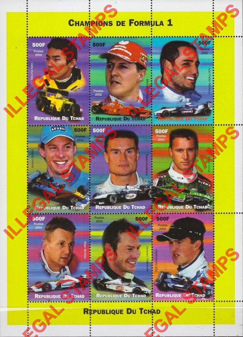 Chad 2002 Champions of Formula I Illegal Stamps in Sheet of 9